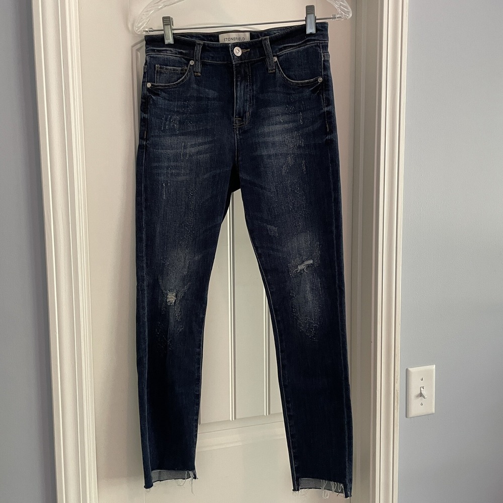 STONEFIELD Conrad Ankle Jeans 26 x 27 High Rise Skinny Distressed Raw Hem Blue